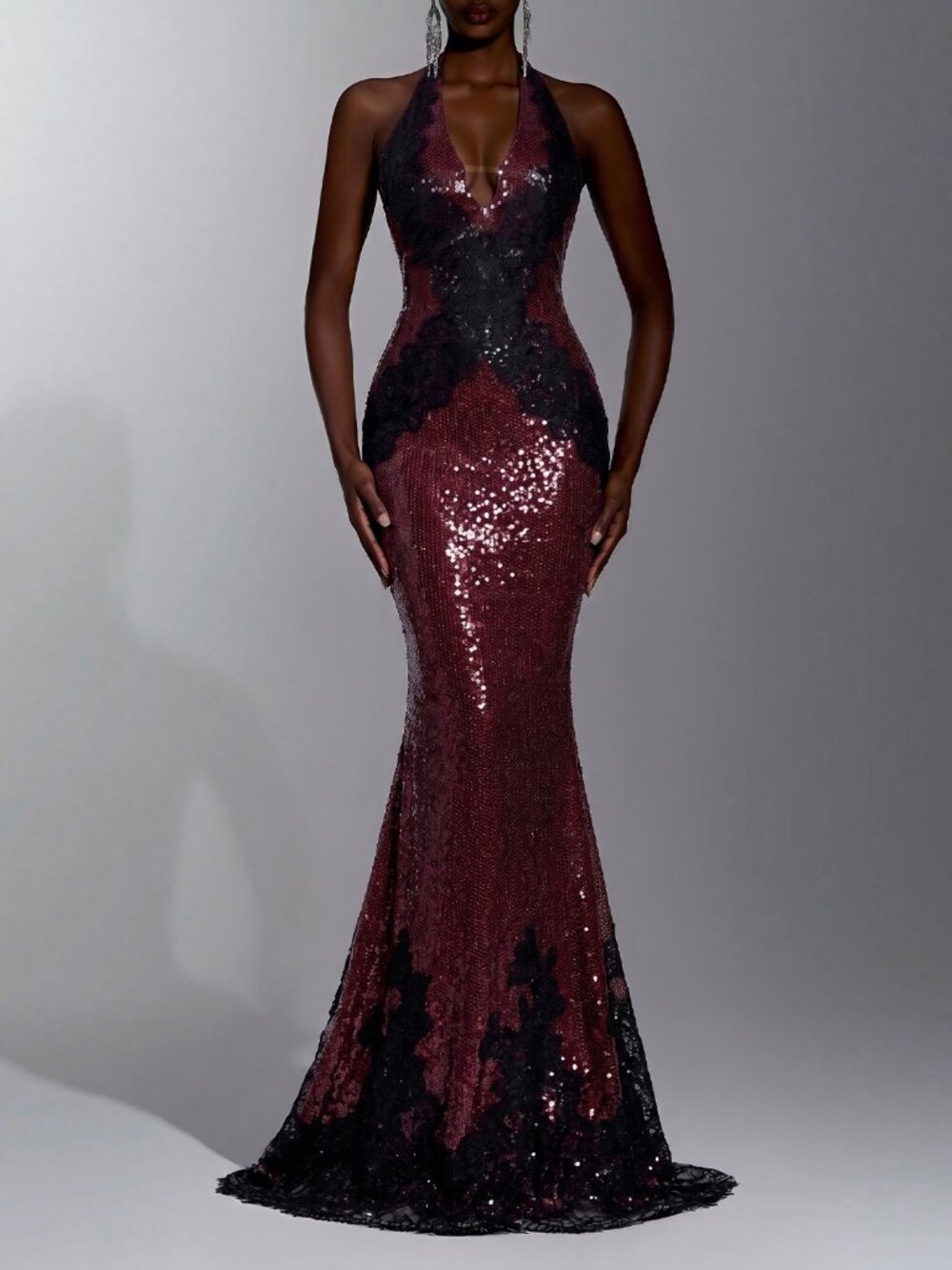 Burgundy Preppy Women's Halter Neck Backless Mermaid Sequin Dress